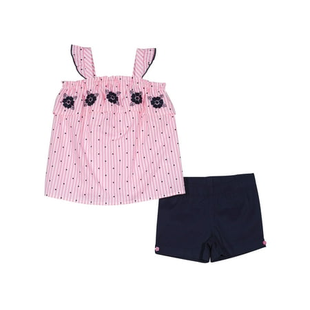 Floral Outfit Girl - Toddler Girl Embroidered Floral Tank Top & Pull-On Shorts, 2pc Outfit Set
