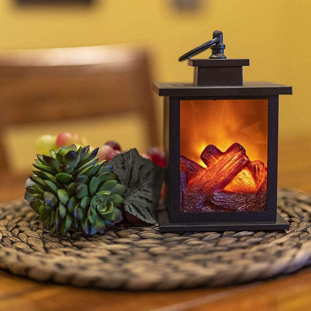 Small Cozy Fireplace Lantern Traditional Realistic Log Wood Burning Flame Effect Ligh LED Charcoal Style Table LampFor Indoor & Outdoor Use