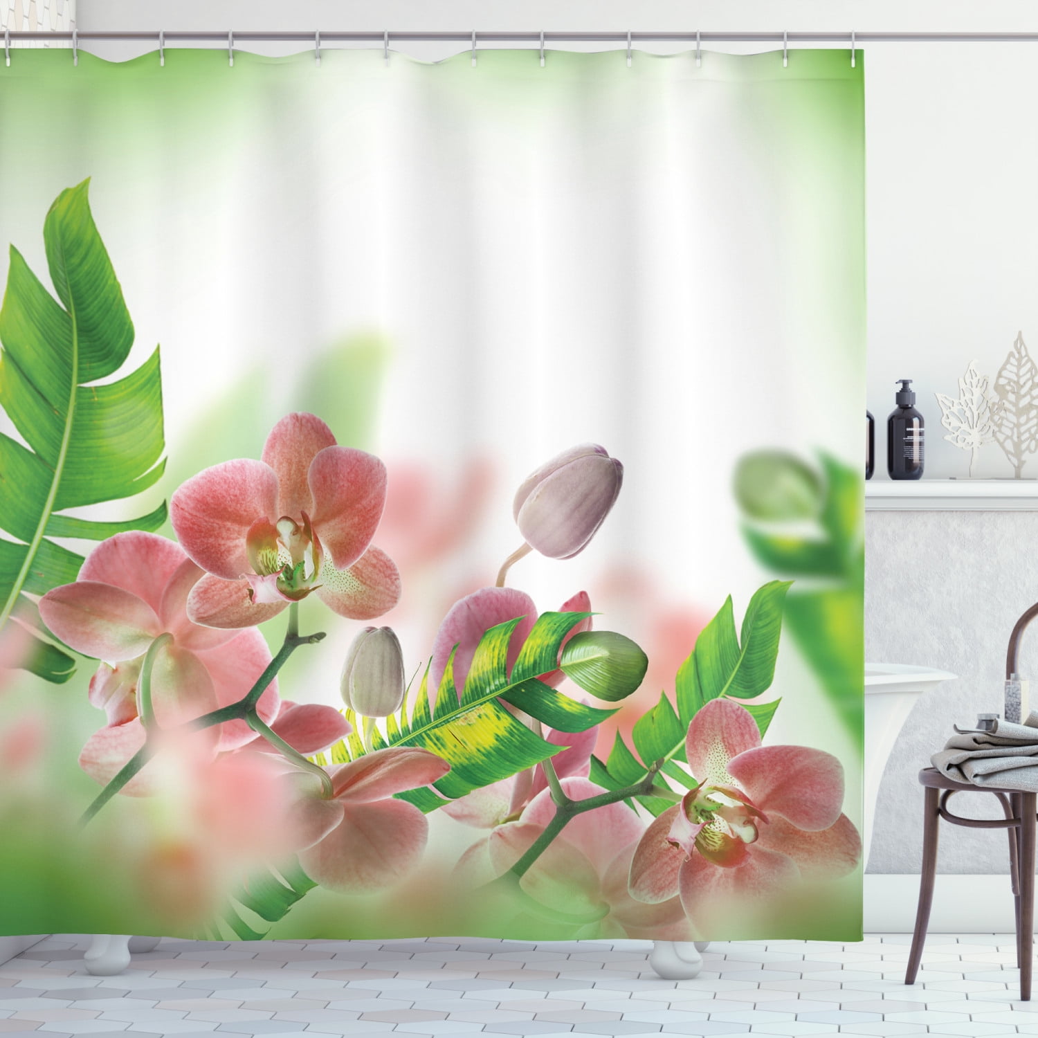 Tropical Decor Shower Curtain Set, Tropical Orchids Branch Stem Petal