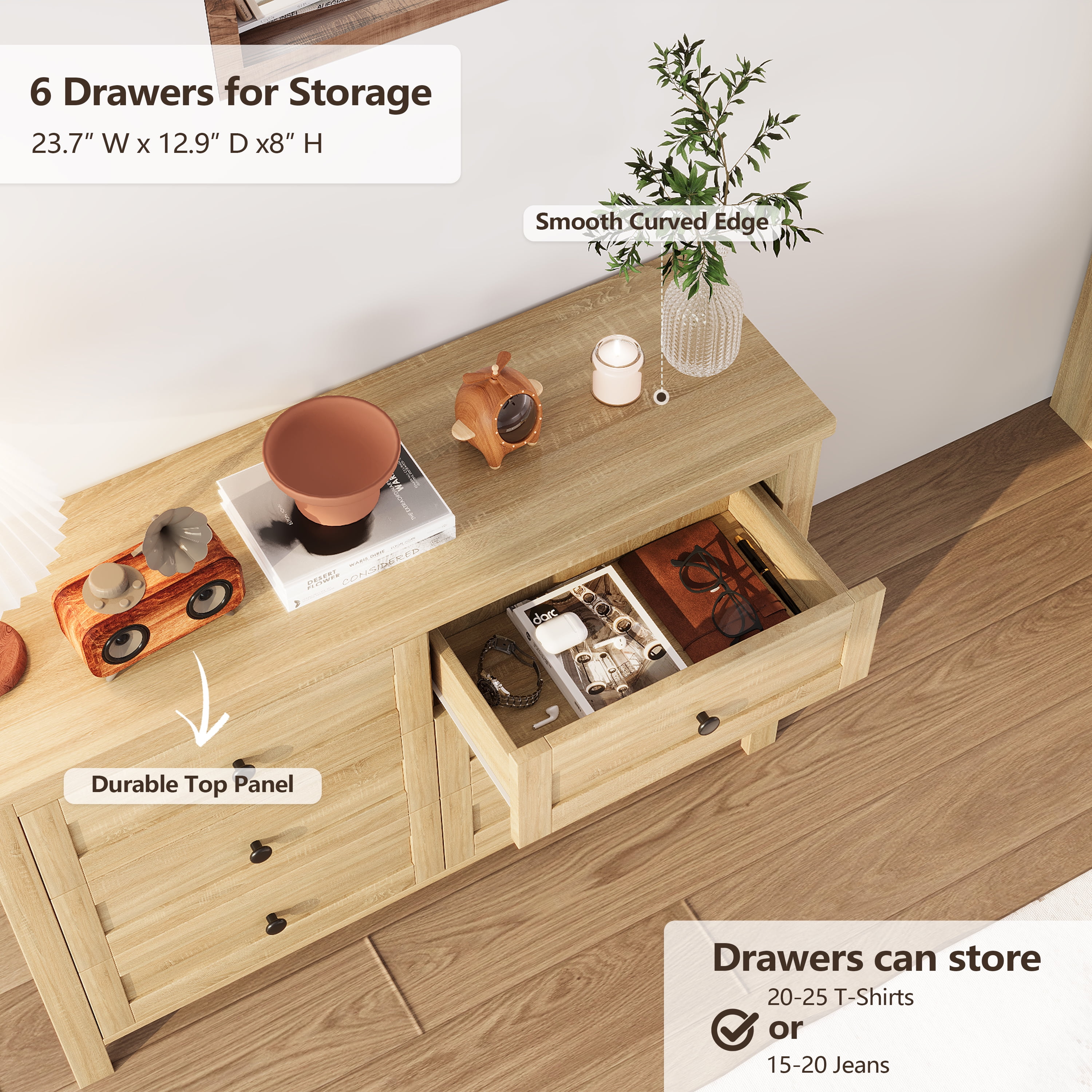 Mintazer 3-Piece Farmhouse Bedroom Set with Nightstand & 6-Drawer Dresser, Queen Platform Bed with Storage Headboard, Natural