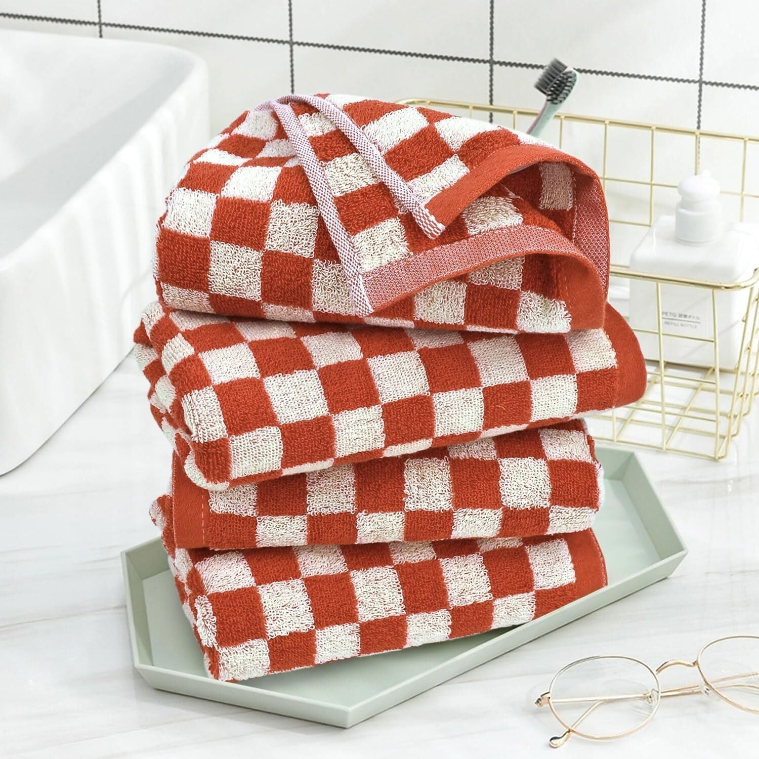 Hand Towels for Bathroom 4 Pack, Cotton Face Towels Soft Absorbent for Spa Bath Gym Kitchen, Hand Towel Set Decorative Checkered, 13 x 29 Inches, 4 Colors