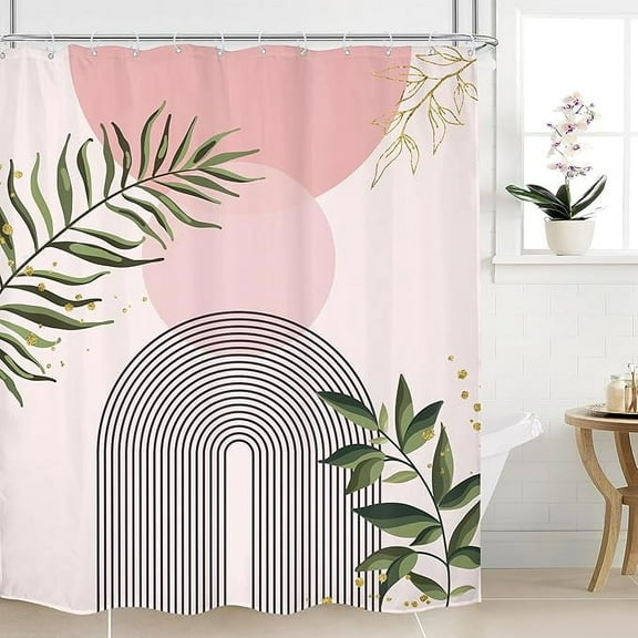 Pink Boho Shower Curtain Mid Century Modern Abstract Gold Leaves Plant Sun Bathroom Decor Minimalist Geometric Arch Line Aesthetic For Girls Bath Curtain Fabric Polyester 36"W x 72"L (Pack of 1)