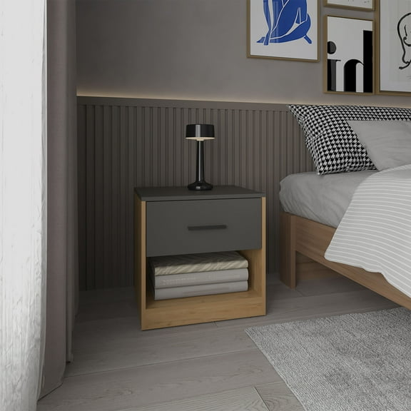 Nightstand for Bedroom Alder 19.7" High One Drawer Nightstand Side Table end Table with Open Shelf for Bedroom, Home Office, Living Room Natural Oak - Matt Gray,Wooden Nightstand