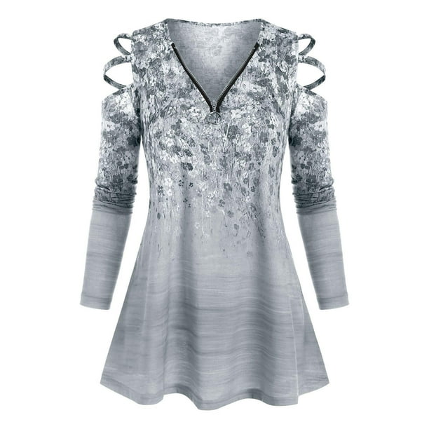 Tallas grandes con cremallera en V cuello floral escalera recortado frío hombro superior Rosegal Mangas largas de talla grande