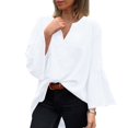 thumbnail image 4 of Women's Plus Size Cotton Linen Tunic, Long Sleeve V Neck Blouse with Flare Sleeve, Solid Color Loose Fit Top for Spring Summer Beach Casual Wear and Vacation Outfits White M, 4 of 7