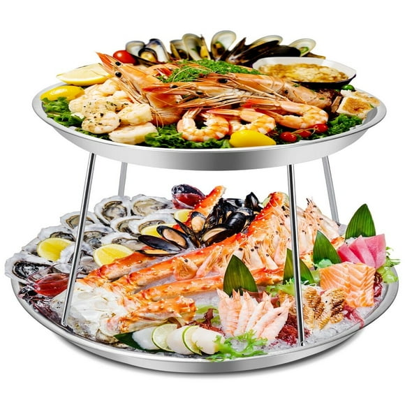 2 Pcs Seafood Trays, 14 Inch 16 Inch Seafood Platter Round Trays, Thickened Stainless Steel Serving Trays for Seafood Barbecue, Seafood Tower Trays for Restaurant Party Home