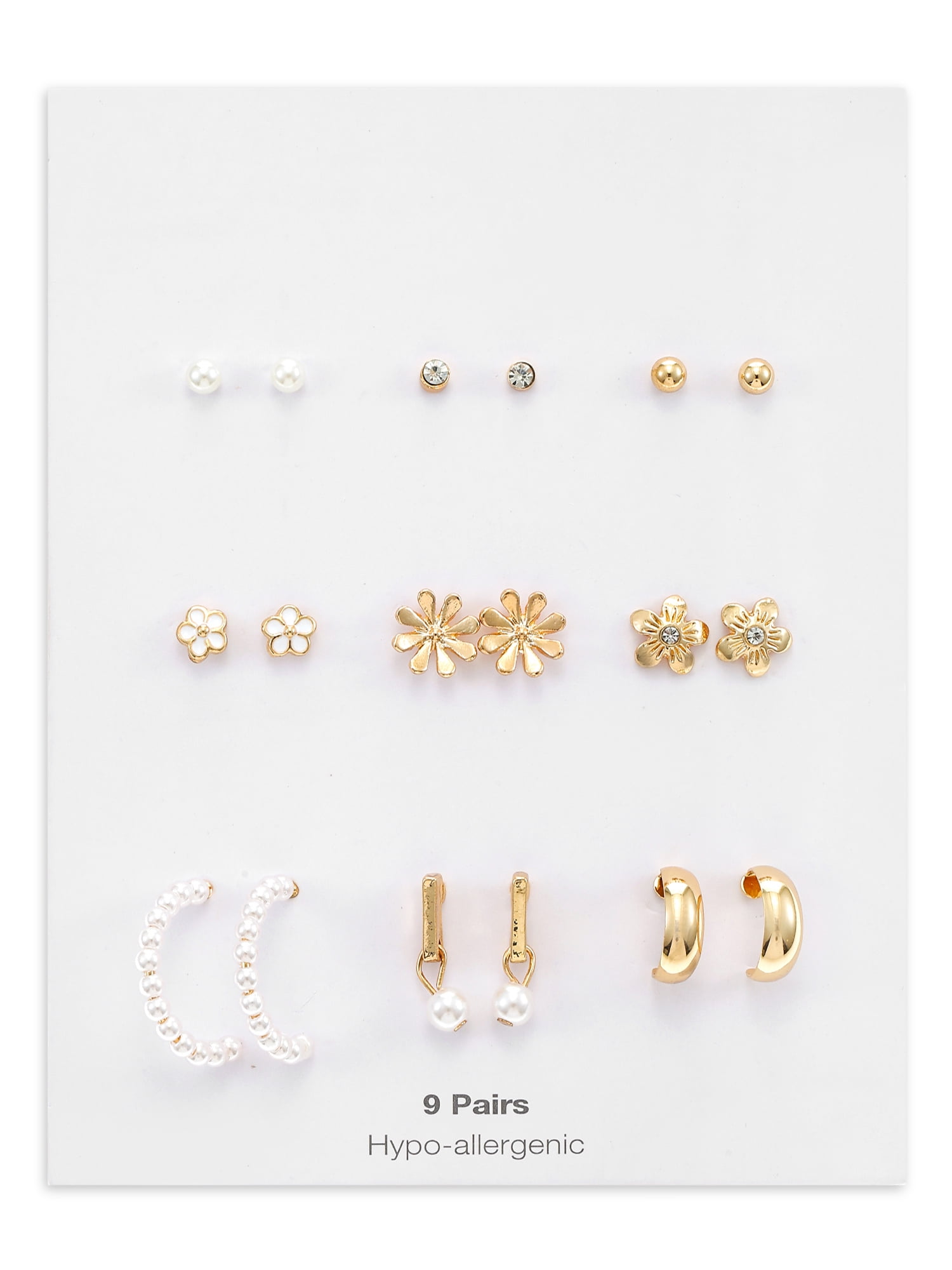 Womens Gold Mini Stud and Hoop Earring Collection, Flower Motif, 9 Pairs