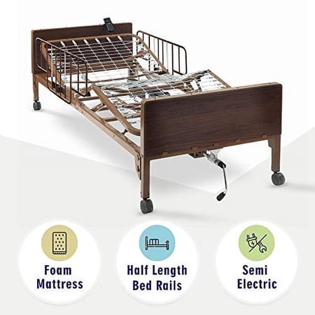 Semi Electric Hospital Bed with Premium Foam Mattress and Half Rails Included - for Home Care Use and Medical Facilities - Fully Adjustable, Easy Transport Casters, Remote - 80" x 36"