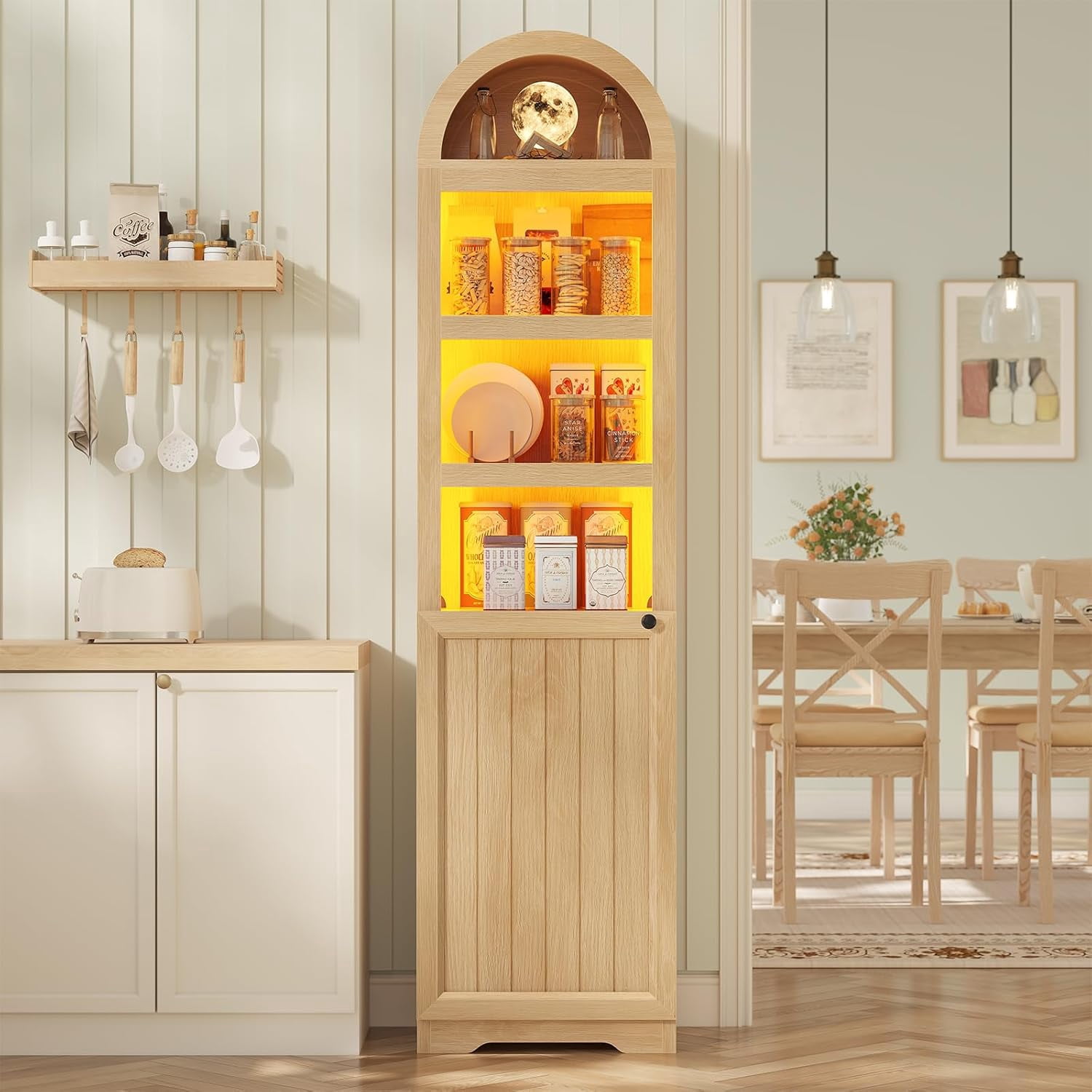 72" Tall Arched Narrow Bathroom Storage Cabinet with Lights, Slim Storage Cabinet with Adjustable Shelves for Small Spaces, Oak