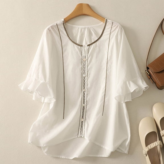 XUNKUSGA Womens Summer Tops Fashion Round Necks Ruffle Sleeves Button Blouse Casual Cotton Linen Embroidered Comfort Solid Color Tshirt