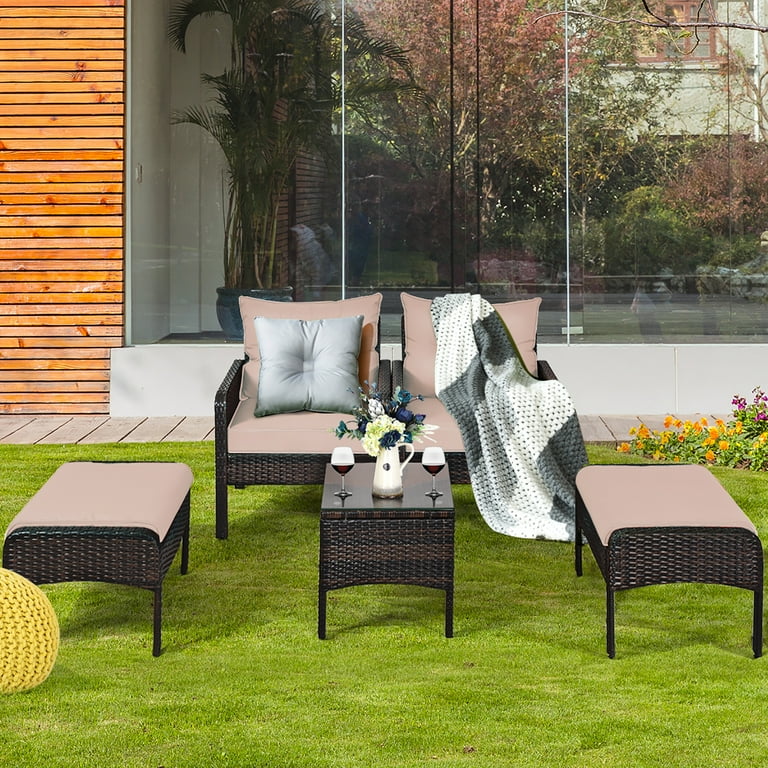 Costway 5 PCS Patio Rattan Wicker Furniture Set Sofa Ottoman Coffee Table Cushioned Yard