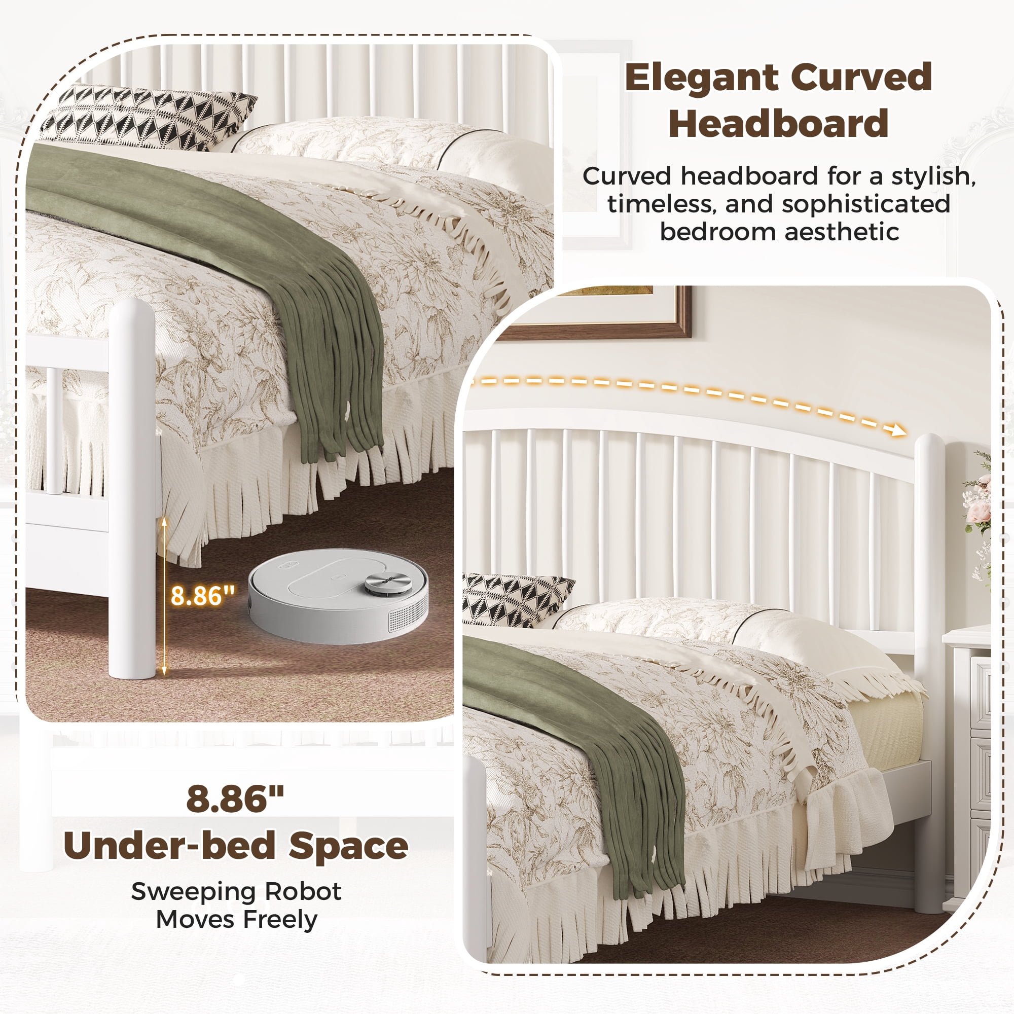 Euroco King Size Wood Platform Bed with Arched Headboard, No Box Spring Needed, White