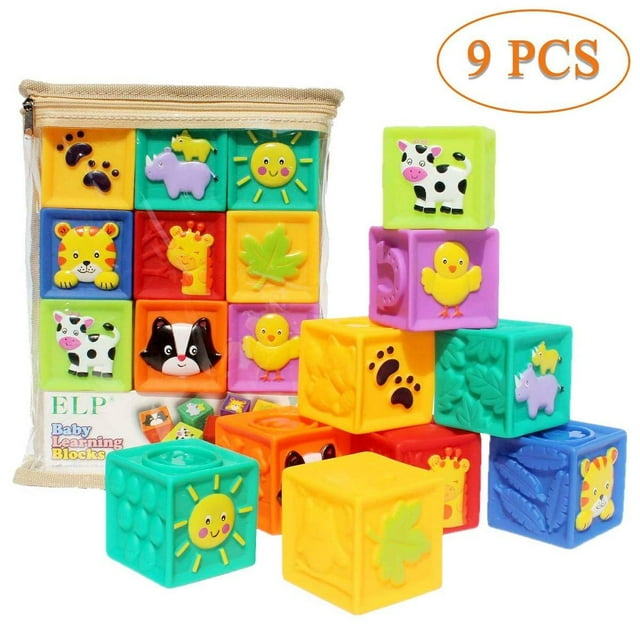 Kingtree Baby Blocks (Set of 9), Squeeze Building Blocks Soft Stacking Block Set for Toddlers, Teething Chewing Educational Baby Toys for 6 Months and up with Numbers Animals BPA Free