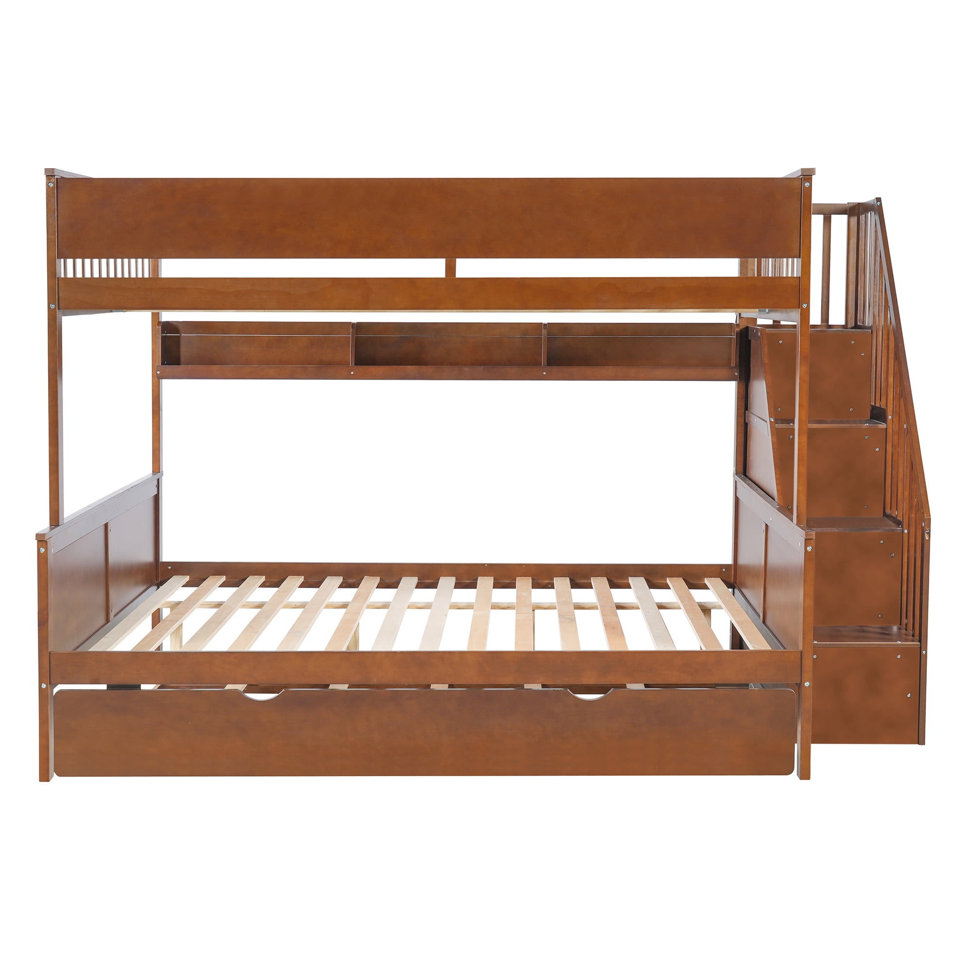 Euroco Full XL over Queen Bunk Bed with Storage Staircase and Shelves, Wood Bed with Trundle and LED Light, Walnut