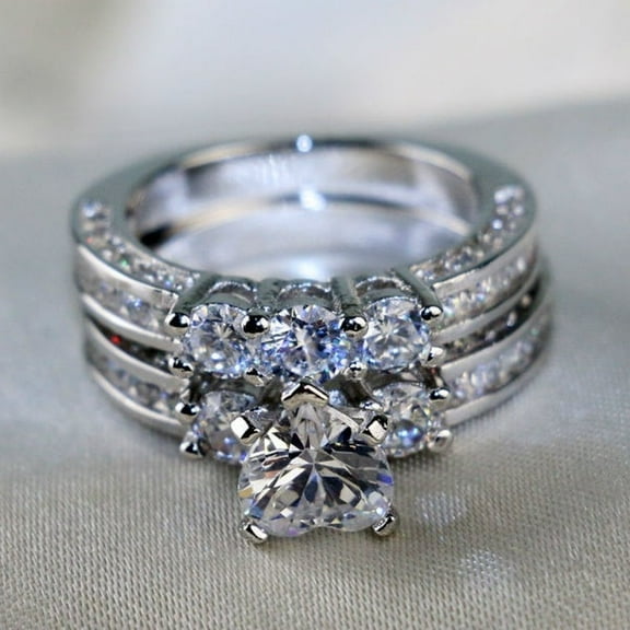 Sterling Silver Heart Shaped AAA CZ Three Stone Ring with Round CZ Accents Wedding Ring Sets and Gifts for Women