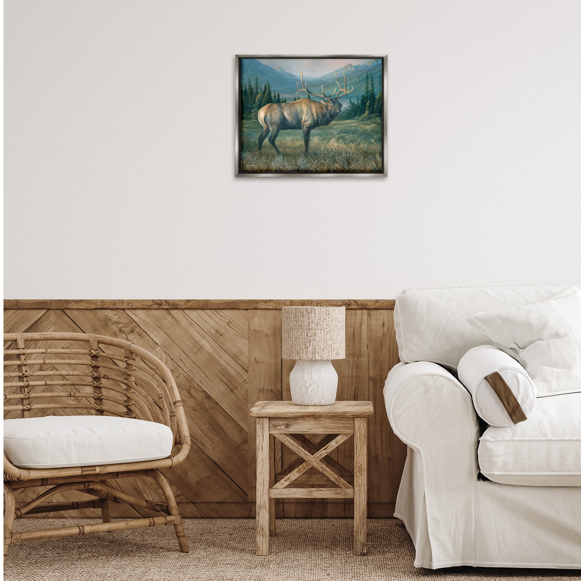 Stupell Industries Powerful Elk in Field Animals Painting Gray Floater Framed Canvas Art Print Wall Art, 21 x 17