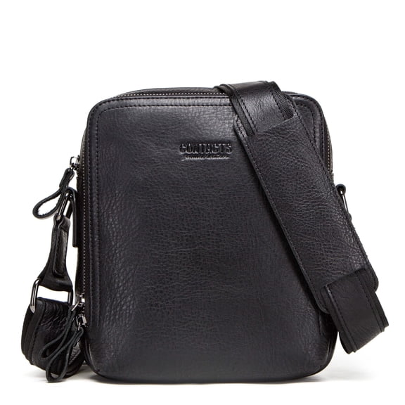 Contact's Genuine Leather Men's Messenger Bag Vintage Shoulder Bags for 7.9" Ipad Mini High Quality Male Crossbody Bag (Black)