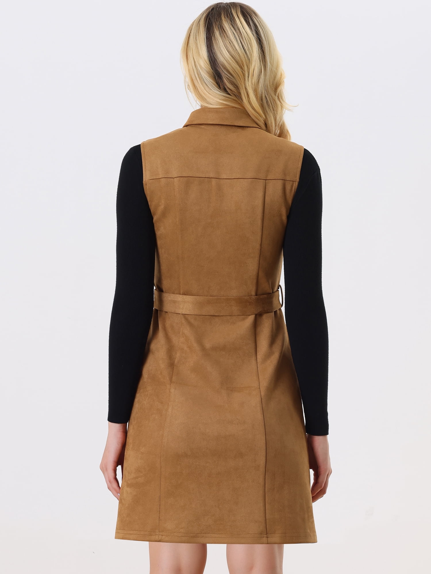 DARING DIVA Faux Suede Turn Down Collar Tie Waist Button Down Mini Dress XS Brown