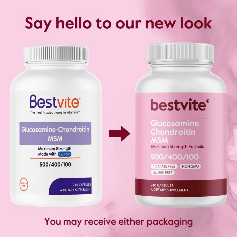 Bestvite Glucosamine – Chondroitin MSM 500/400/100 per Capsule (240 Capsules) with Patented OptiMSM - Maximum Strenght Formula for Joint Support - No Stearates - Gluten Free - Non GMO