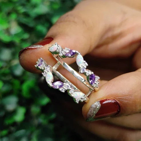 Marquise Cut Amethyst & Opal Engagement Ring Enhancer in 925 Sterling Silver – Wedding Ring Jacket, February & October Birthstones
