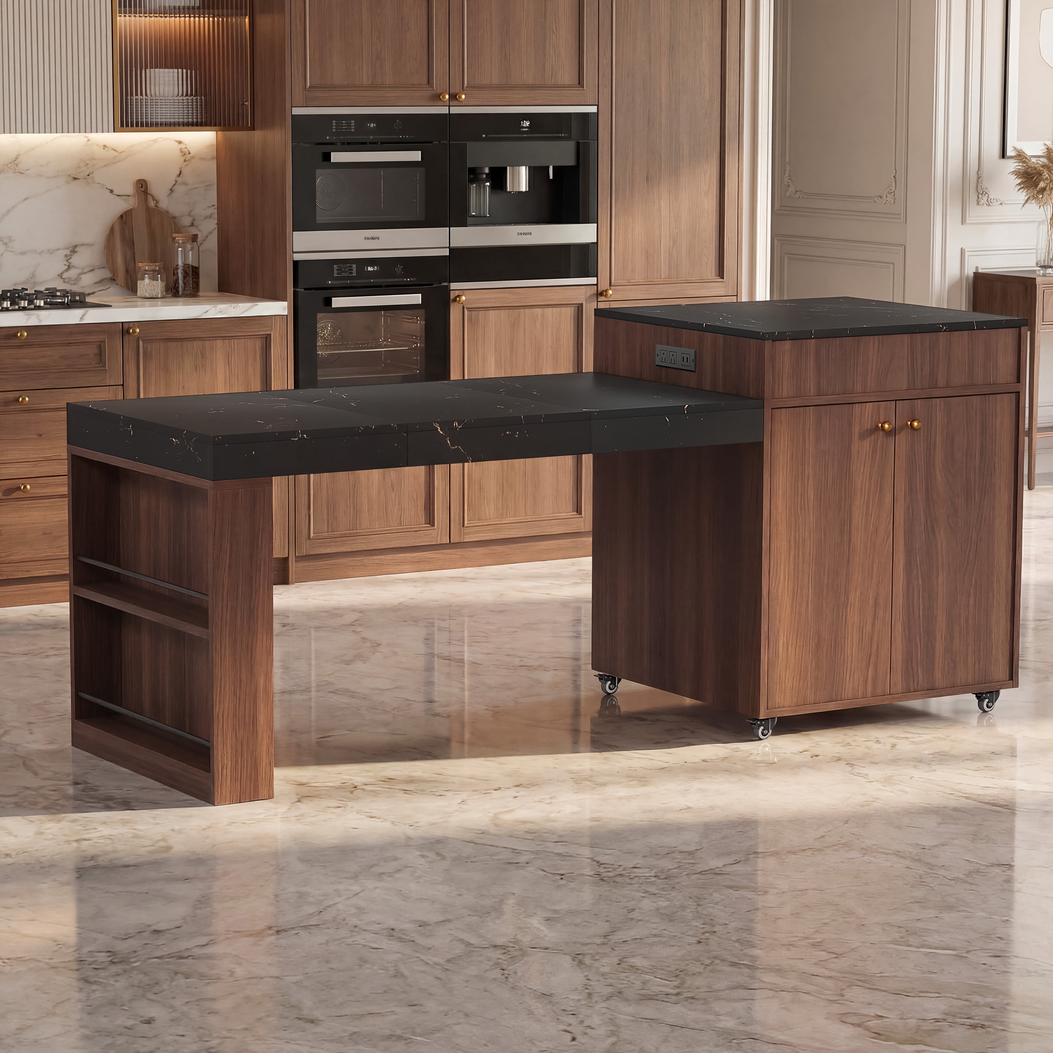 Mintazer 78.8'' Power Outlet Rolling Kitchen Island with 3-Stage Extendable Dining Table for 6-8, Kitchen Storage Cabinet with 2 Drawers and 3 Spice Rack for Pantry, Kithen, Dining Room, Walnut