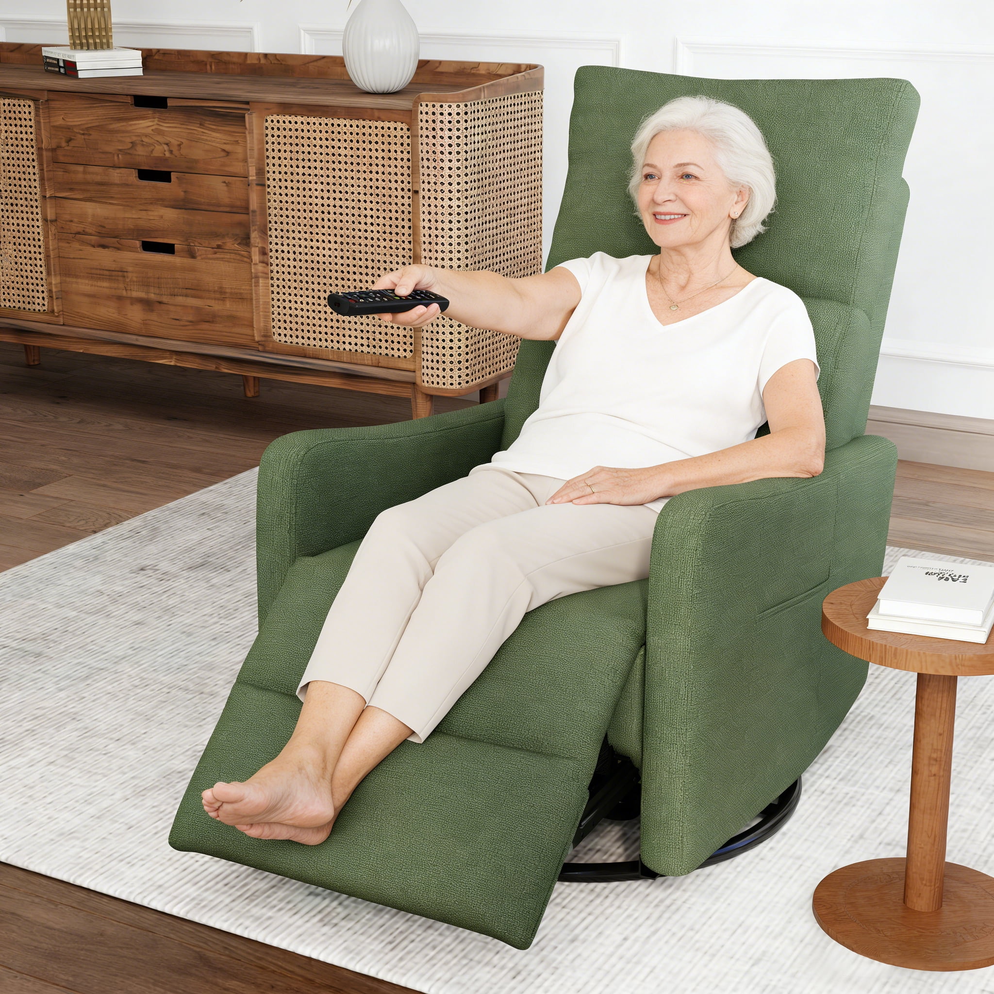 Leumius Swivel Recliner Chair,270° Swivel Rocker Chair for Adults,Small Rocking Recliner for Small Spaces, Upholstered Fabric Glider Recliner Nursery,Living Room Chair,Theater SeatingDark Green