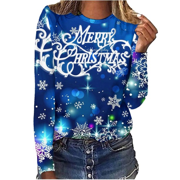 Camisas Navideñas Para Mujer, Camisetas de Manga Larga, Blusa Informal Holgada Con Cuello Redondo Estampada A La Moda Odeerbi ODB194738