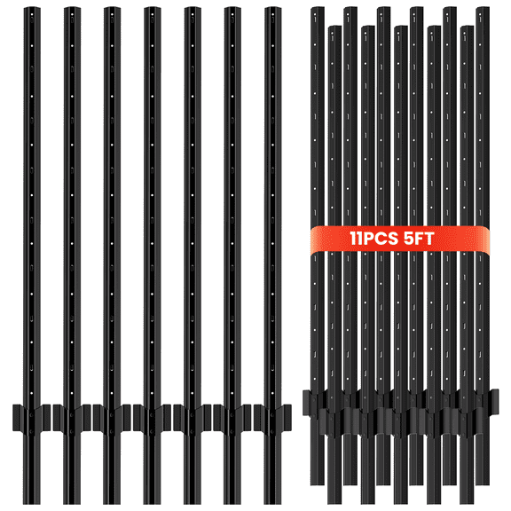 11 Pack Metal Fence Posts, 5 FT Garden Fence Post, T Post for Wire Fence, No Dig Steel U Post Fencing, Black Garden Stakes for Temporary Fencing, Electric Fence Wire, Corner Anchor