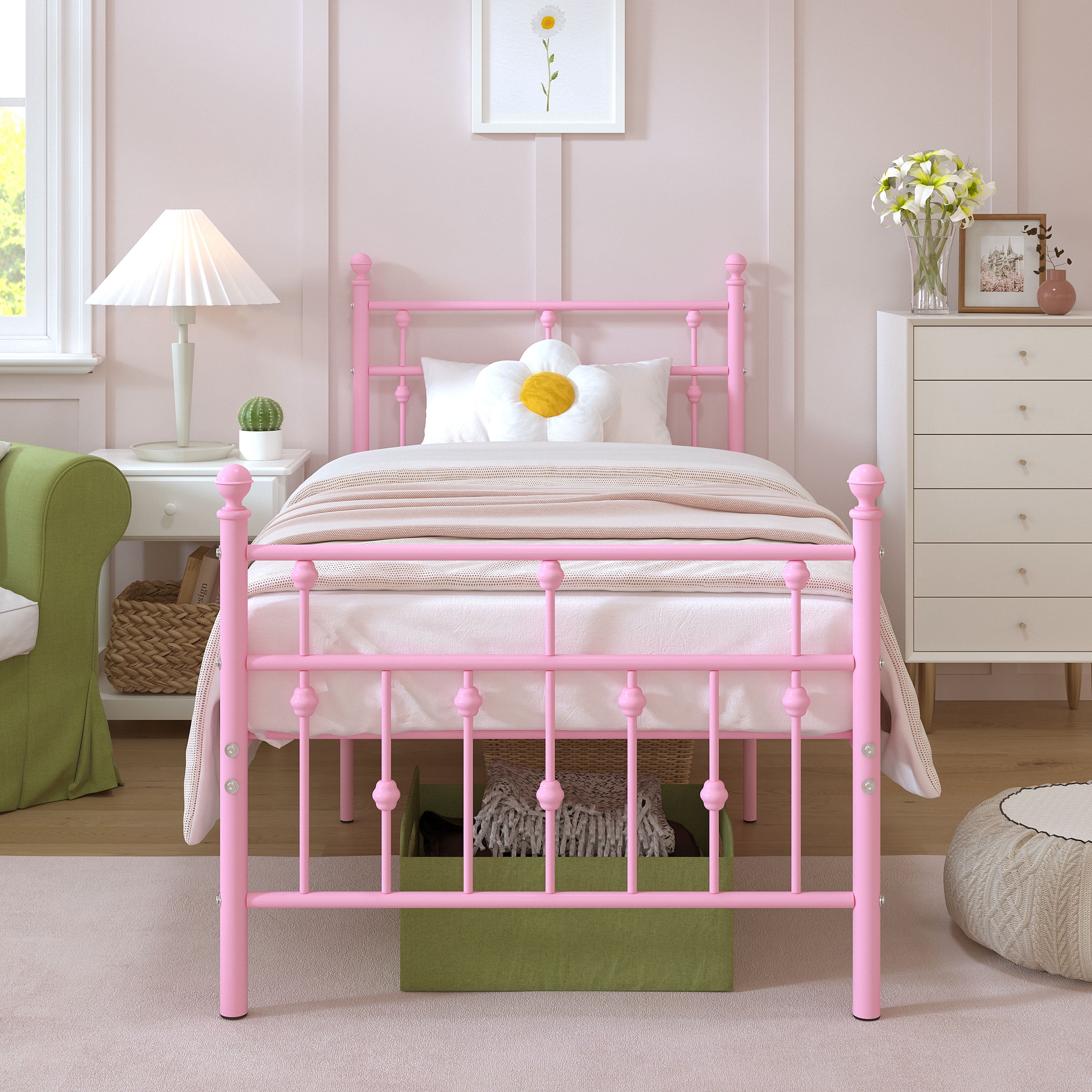 Yoneston Twin Size Metal Platform Bed Frame with Retro Headboard