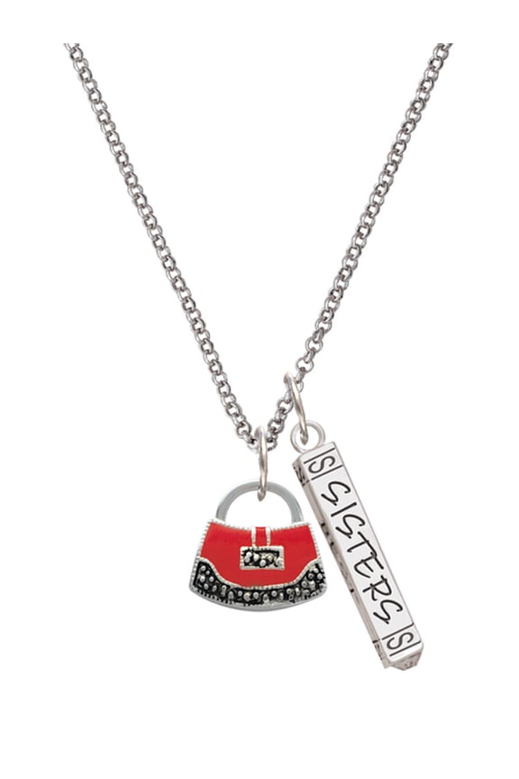 Silvertone Red Purse Silvertone Sisters Best Friends Forever Bar Charm Necklace, 23"
