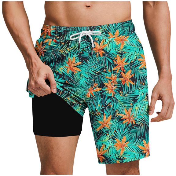AHTJRT Men's Swim Trunks Built-In Shorts 2 in 1 Lightweight Elastic Drawstring Waist Summer Shorts Knee Length Quick Dry Beach Shorts Fashion Hawaiian Floral Print Bottoms Blue#08 XXXL