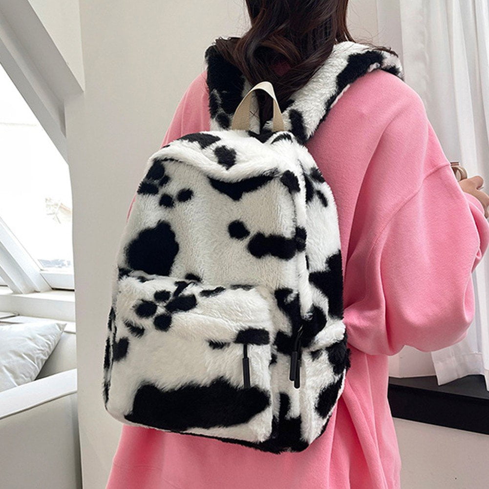 Jiibva Plush Animal Cow Print Backpack for Women Stylish Bag Personalized Travel Shoulder Bag Bookbag Trendy Daypack Purse