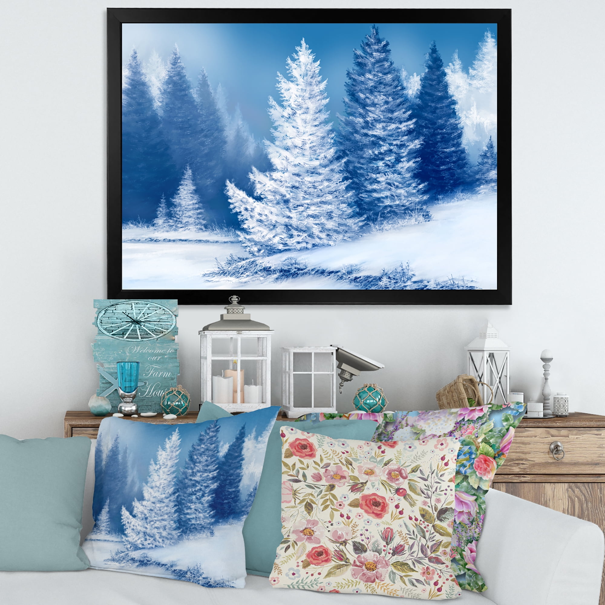Designart 'Snow Covered Trees With Dreamlike Spruce Forest' Lake House Framed Art Print