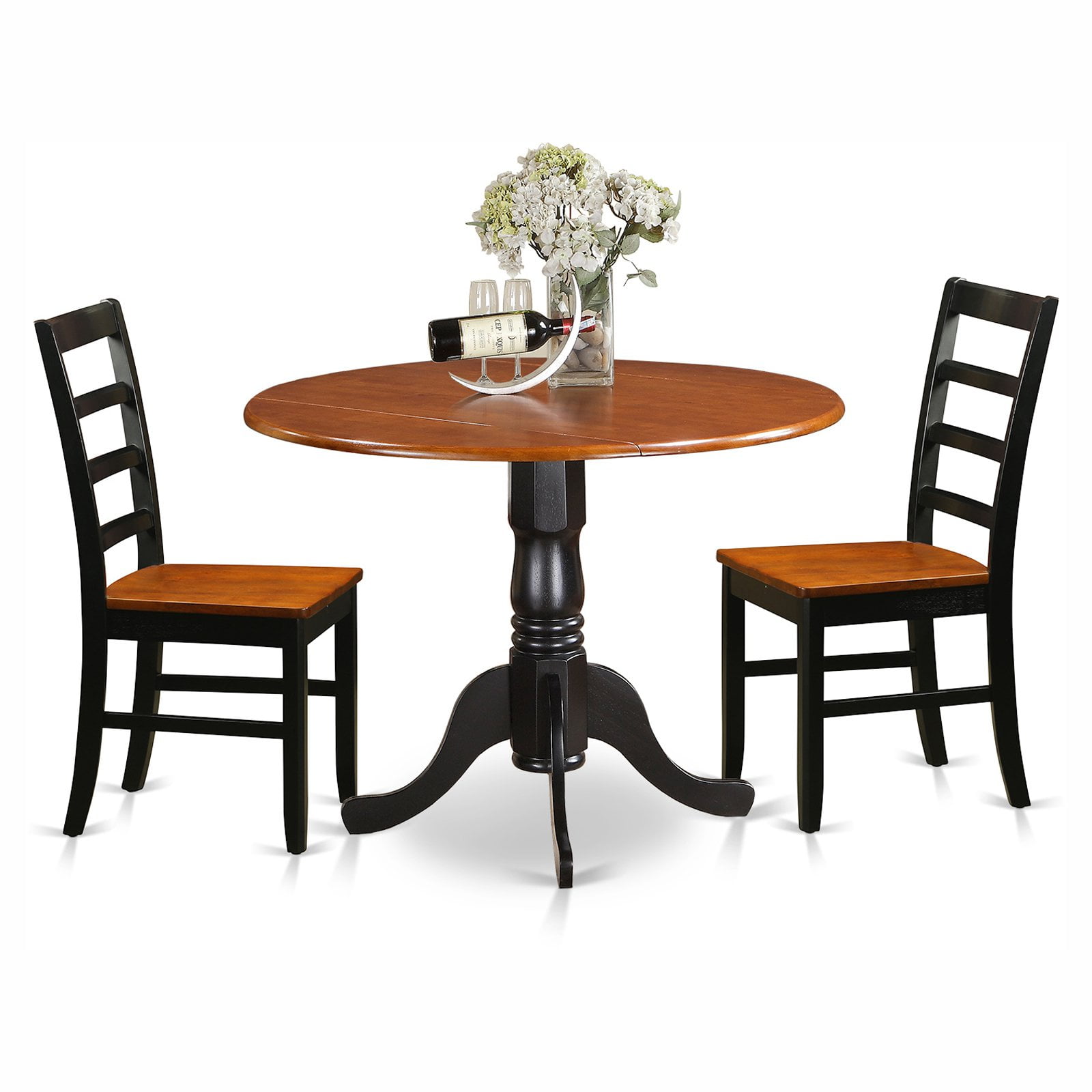 2 wood seat chairs black 3pc Dinette Dublin drop leaf kitchen pedestal table 