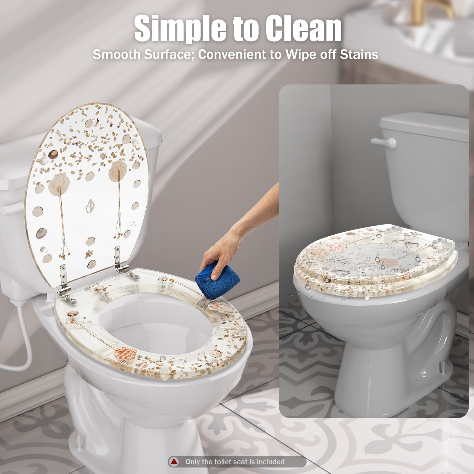 ChicHomey Clear Resin Toilet Seat  with Real Dried Flowers & Shells,Quiet-Close Seat,Universal Fit for  Standard Toilets – Easy to Clean & Install