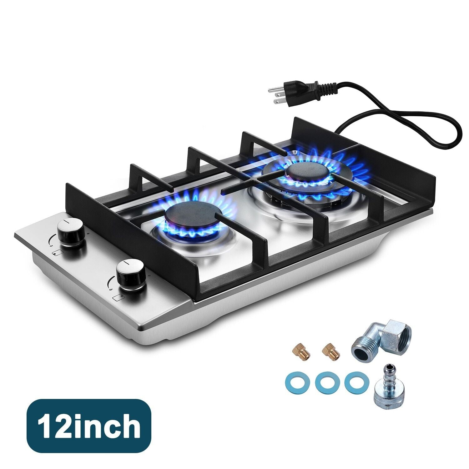 2Burners 12inch Gas Cooktop Stainless Steel NG/LPG Convertible Built