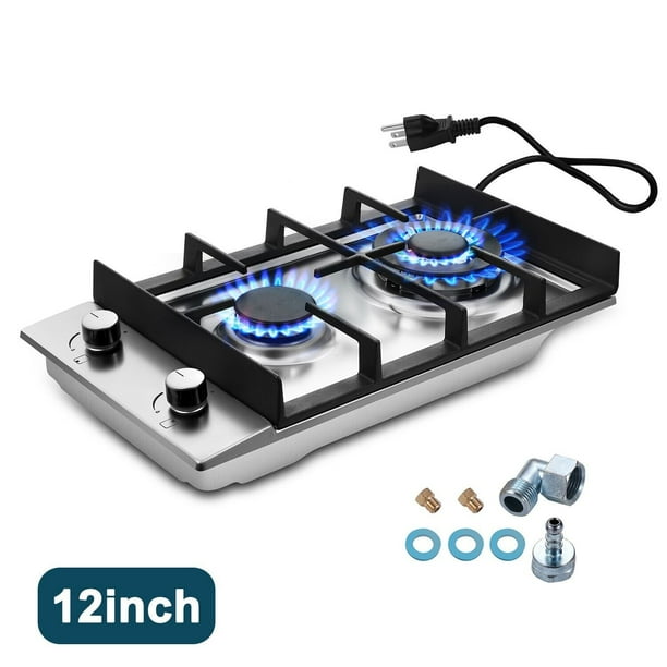 2Burners 12inch Gas Cooktop Stainless Steel NG/LPG Convertible Built