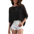 thumbnail image 1 of Top de punto tipo gofre para mujer, encaje hueco, manga 3/4, cuello redondo, dobladillo suelto, blusa para fiesta de trabajo diario, negro, XXL, 1 of 8
