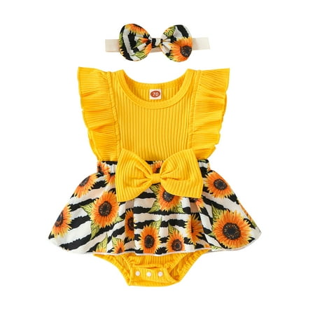 

Genuiskids Newborn Baby Girls Summer Clothes 3 6 12 18 Months Infant Romper Set Ruffles Sleeveless Bowknot Flower Print Skirt Hem Jumpsuit with Headband