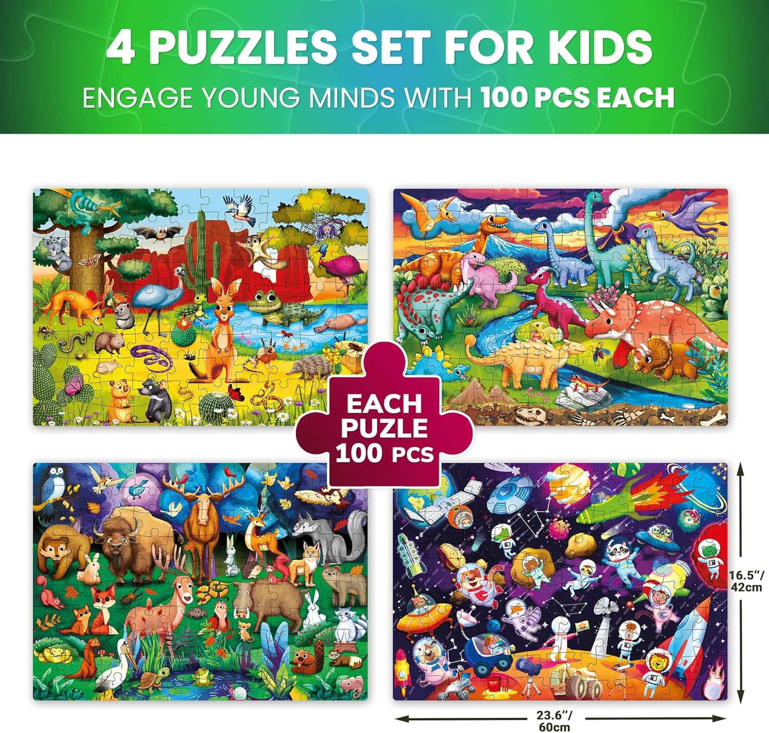 QUOKKA 4x100 Piece Puzzles for Kids Ages 6-8 – Glow-in-The-Dark Puzzles Space, Dinosaurs, Animals – Fun Educational Puzzle for Boys & Girls
