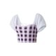 thumbnail image 2 of Sunloudy Tops cortos para mujer, cuello cuadrado, manga corta, contraste de color, estampado a cuadros, suéter, camisa de punto para damas jóvenes Sunloudy  S M L, 2 of 7