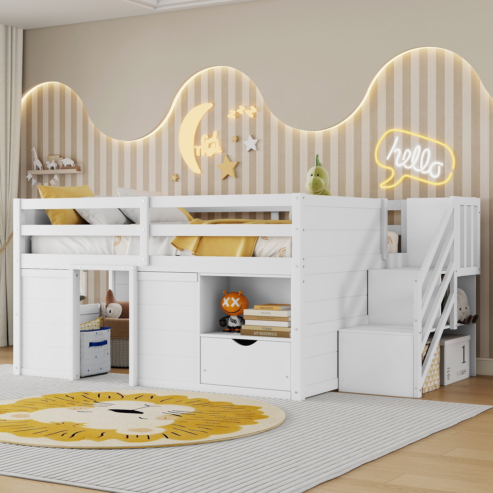 Leumius Full Size Loft Bed with Storage Stairs and Storage Drawers,Solid Wood Bed Frame with Large Under-Bed Space,White
