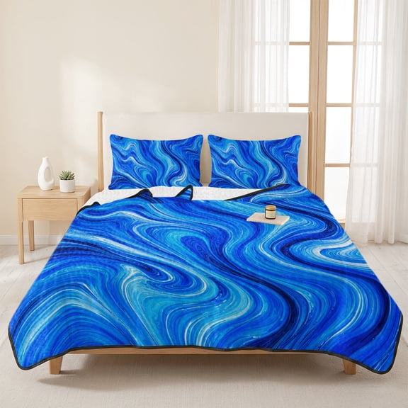 3 Pieces Queen Quilt Set,Cobalt Blue Swirling Waves Soft Bedding Sets with 1 Quilt & 2 Pillow Shams,Marble Veins Pattern Summer Bedspread Lightweight Coverlet Comforter for All Season