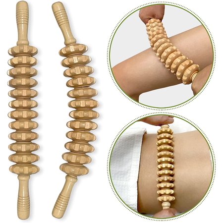 2pcs Wooden Therapy Massage Stick 12 Roller Tool for Maderoterapia, Lymphatic Drainage, HandheldTrigger Point Manual Muscle Release Rolling Massager Stick, Curved + Straight