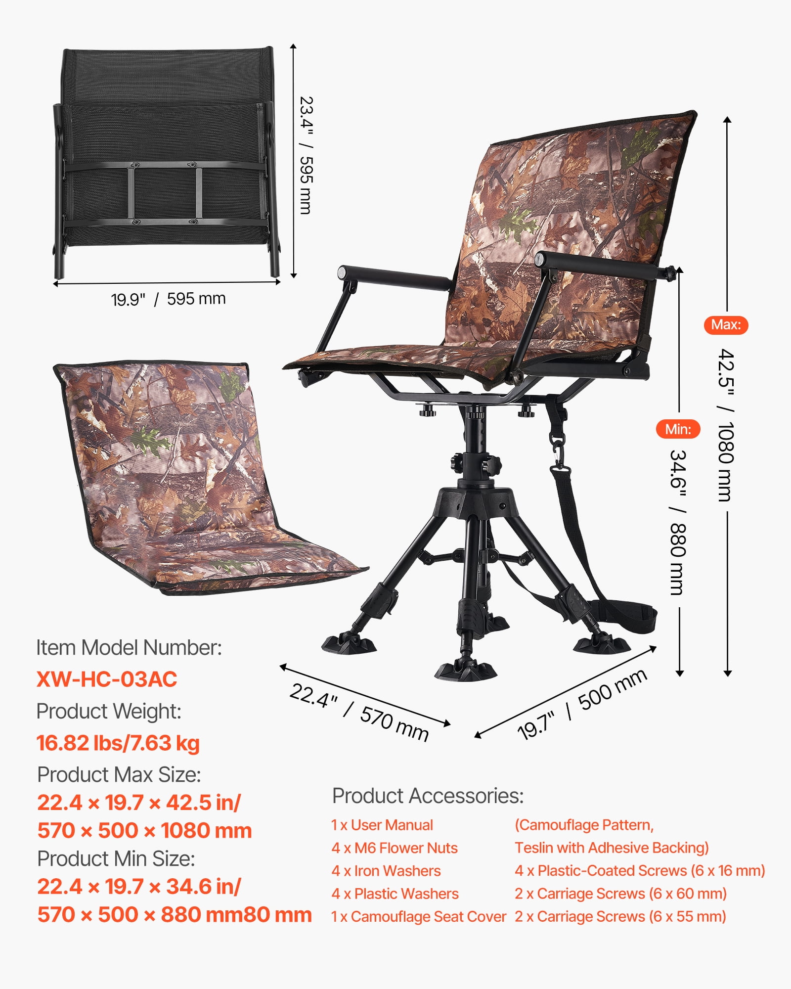 VEVOR Hunting Chair, 360° Silent Swivel, Foldable Portable Blind Chair, Heavy-Duty Steel Frame Ground Stool Seat,with Armrests,Cover,Anti-Sink Feet,Height Adjustable,350 Lbs Capacity for Camping
