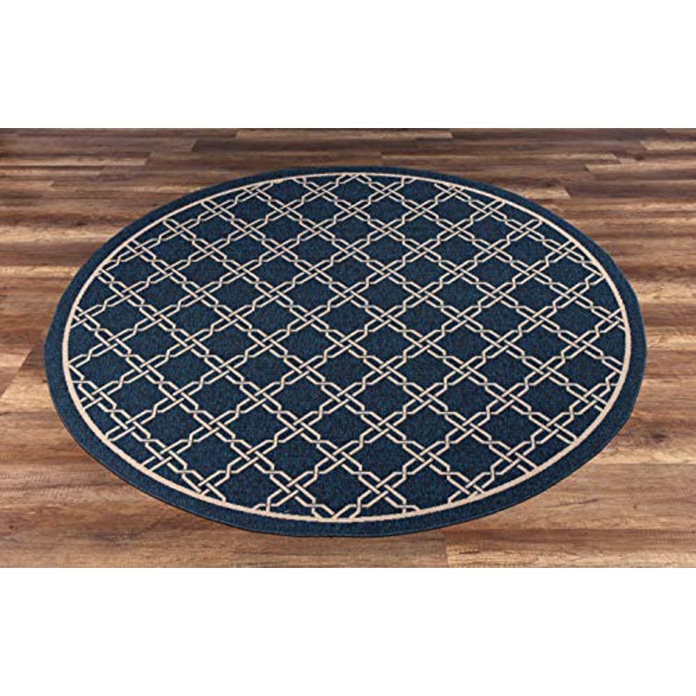 GAD Premium Indoor Outdoor Contemporary Geometric Area Rug (6'7" Round) Blue, Beige & Navy Rug