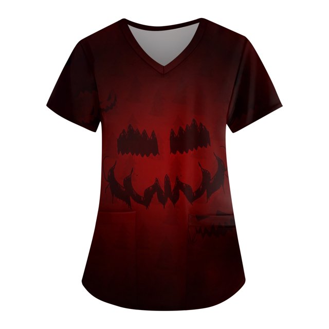 Blusa quirúrgica con cuello en V y diseño de salpicaduras de sangre para Halloween para mujer: uniforme médico con bolsillos