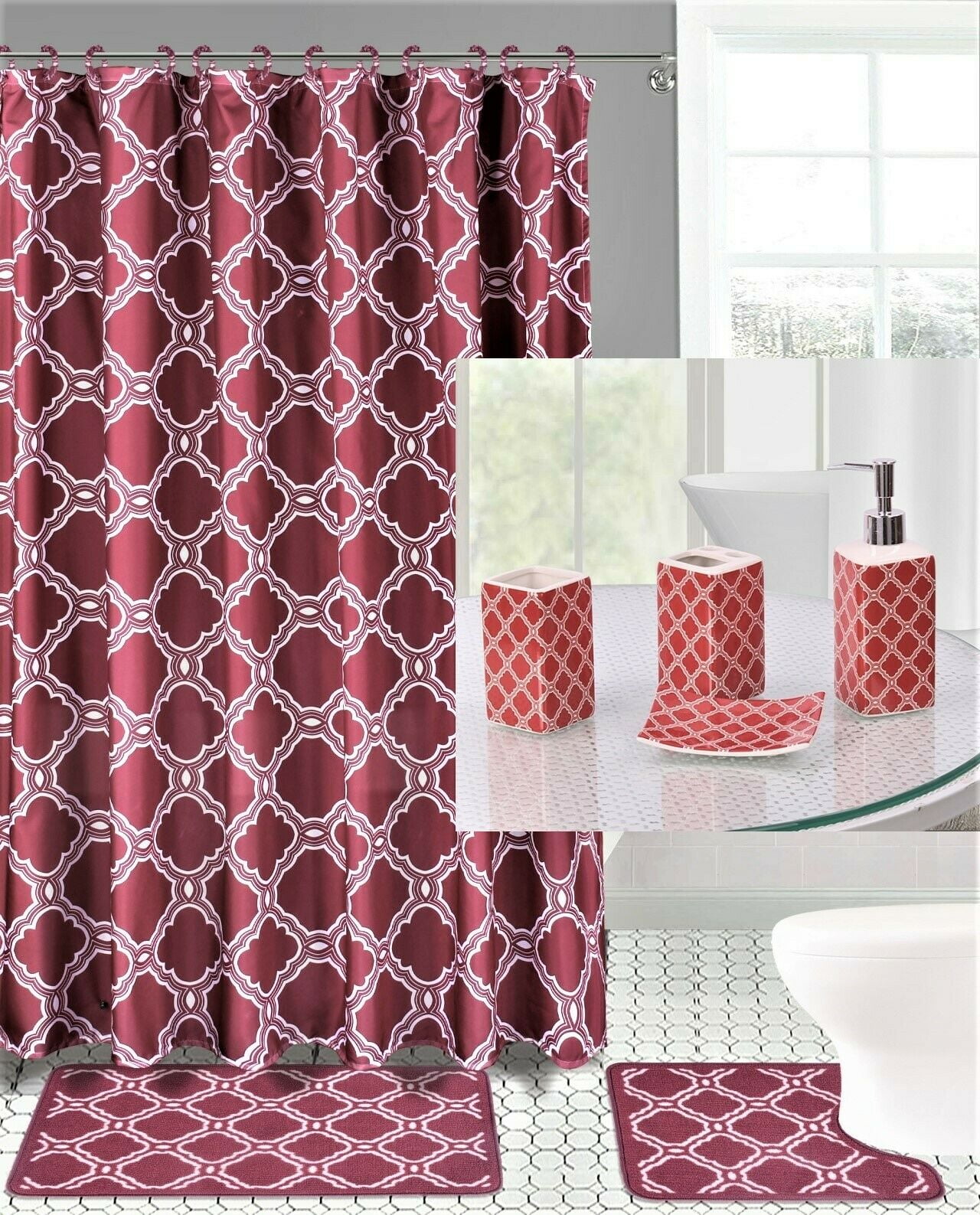 19PC HONEY BURGUNDY BATHROOM SET EMBROIDERY BANDED HONEY BURGUNDY