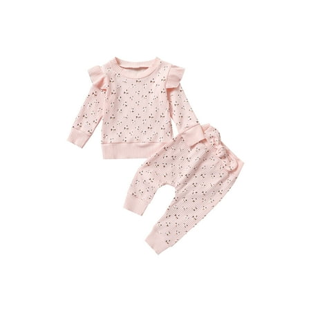 

IZhansean Toddler Baby Girl Clothes Floral Knitted Ribbed Long Sleeve Ruffle Tops Long Pants Set Pink 12-18 Months