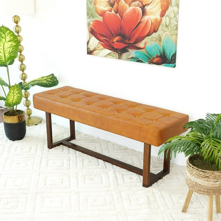 Espresso Mid Century Modern Rectangular Genuine Leather Bench in Tan